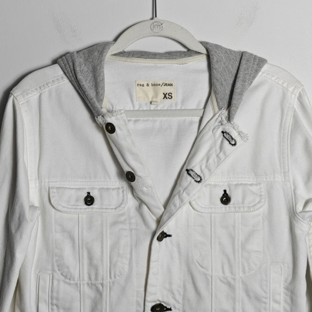 RAG & BONE / JEAN Button Up White Jean Jacket With Gray Hood Size Xsmall - Picture 9 of 16